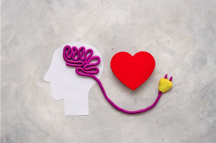 Ein stilisiertes Gehirn in einem Kopf aus Papier wird über ein Stromkabel mit Stecker von einem leuchtend roten Herzen mit Energie versorgt.